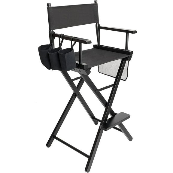 Wangbujianwang 31" Height Tall Directors Chairs, Folding Artist Makeup with Replacement Cover, Storage Side Bags, Footrest, Support 250 lbs, Solid Hardwood & Polyester Black Canvas