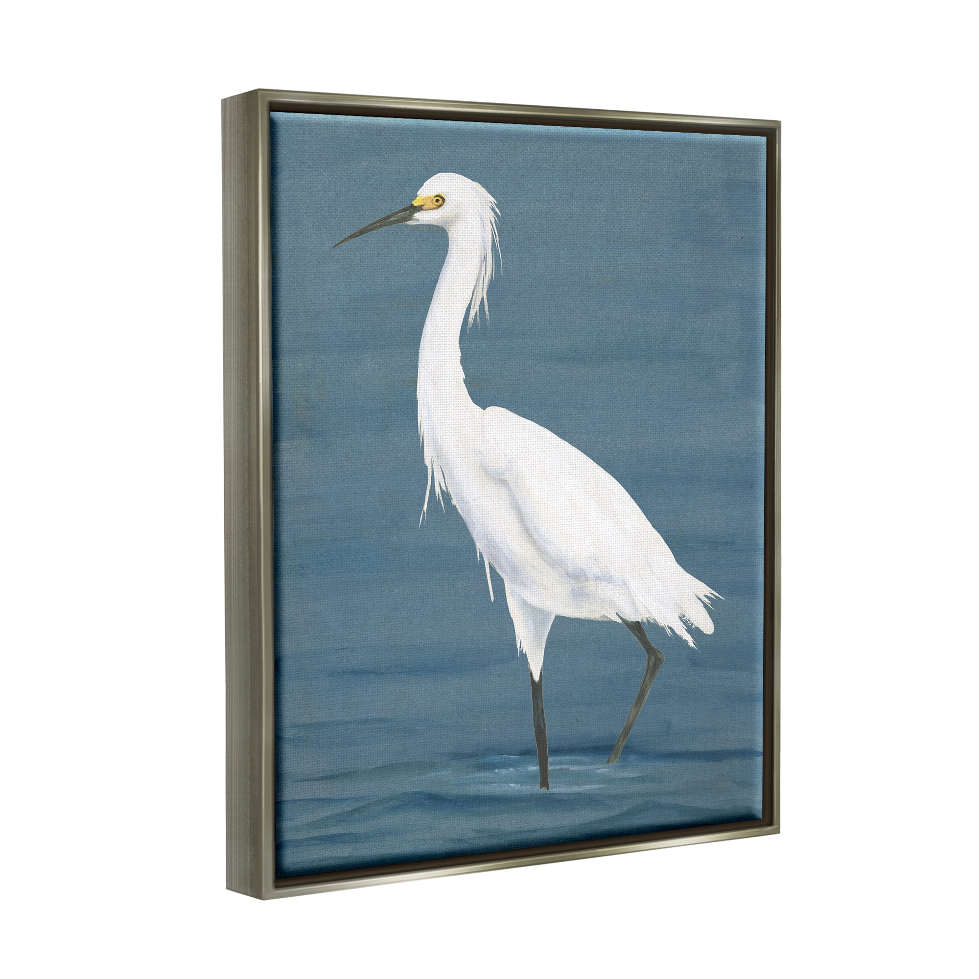 Stupell Industries Egret in Beach Shore Animals & Insects Painting Gray Floater Framed Canvas Art Print Wall Art, 17 x 21