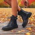 thumbnail image 2 of Womens Fall Platform Combat Boots Fashion Casual Leather Buckles Chunky Mid Calf Riding Ankle Booties, 2 of 8
