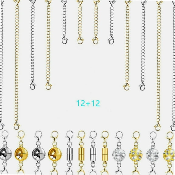 12 Pieces Magnetic Lobster Clasps Jewelry Locking Clasps and 12 Pieces Metal Necklace Extender Chains Bracelet Extension Chain for Jewelry Making Supplies (Gold, Silver)