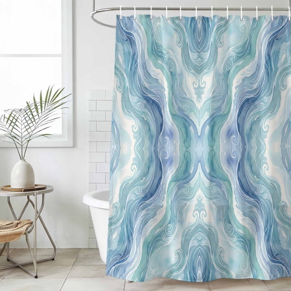 Blue Teal Ombre Long Shower Curtain Set, Waterproof Shower Curtains for Bathroom, Modern Abstract Art Ripple Washable Fabric Cloth Bath Curtain for Bathtub Decoration with Hooks 72x84 Inches