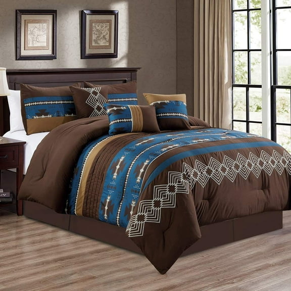 WPM 7Pcs Western Southwestern Design Comforter Set Navy Embroidered Queen Size Bed in a Bag