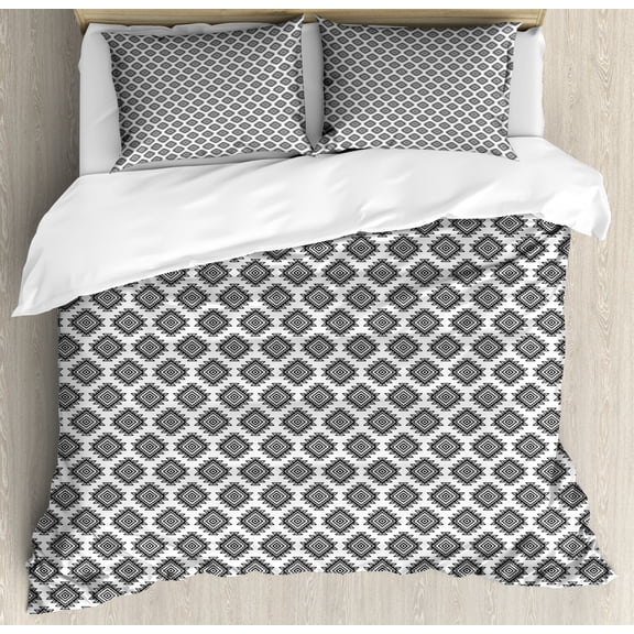 Geometric Rhombus Duvet Cover Set King Size, Ethnic and Vintage Themed Repeating Motifs in Monochrome, Decorative 3 Piece Bedding Set with 2 Pillow Shams, Charcoal Grey and White, by Ambesonne