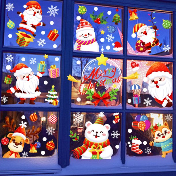 DIY Navidad Windows Pegatinas Corona Copos de nieve Papá Noel Árbol de Navidad Pared Ventana Se aferra Puerta Mural Calcomanías Pegatina estática para escaparate Decoraciones de fiesta de invierno kaili Sencillez