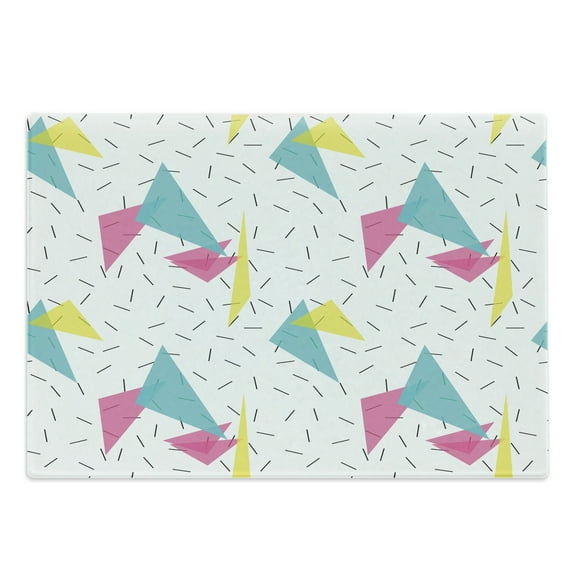 Abstract Cutting Board, Memphis Style Modern Geometric Forms with Lines Colorful Triangles Graphic, Decorative Tempered Glass Cutting and Serving Board, Large Size, Multicolor, by Ambesonne