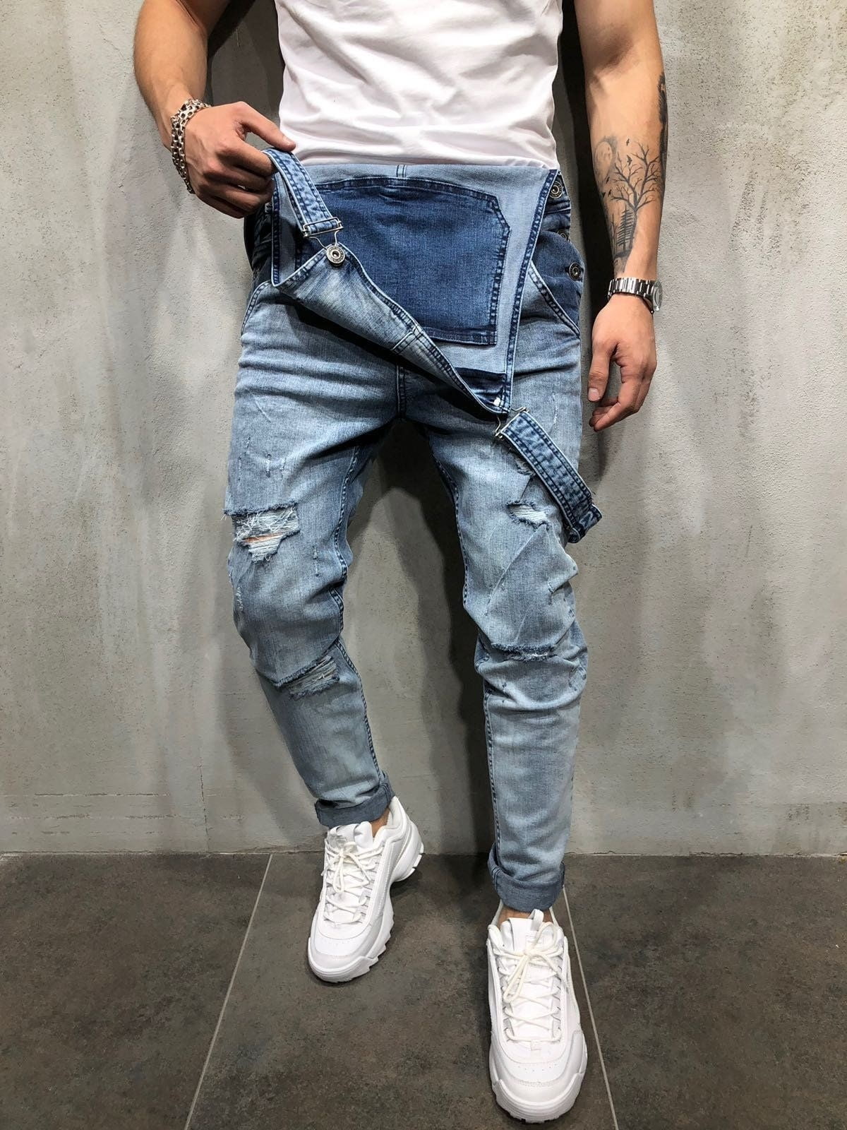 Men's Distressed Denim Carpenter Overalls - VICTORIOUS Regular Fit Jean Jumpsuit FR105