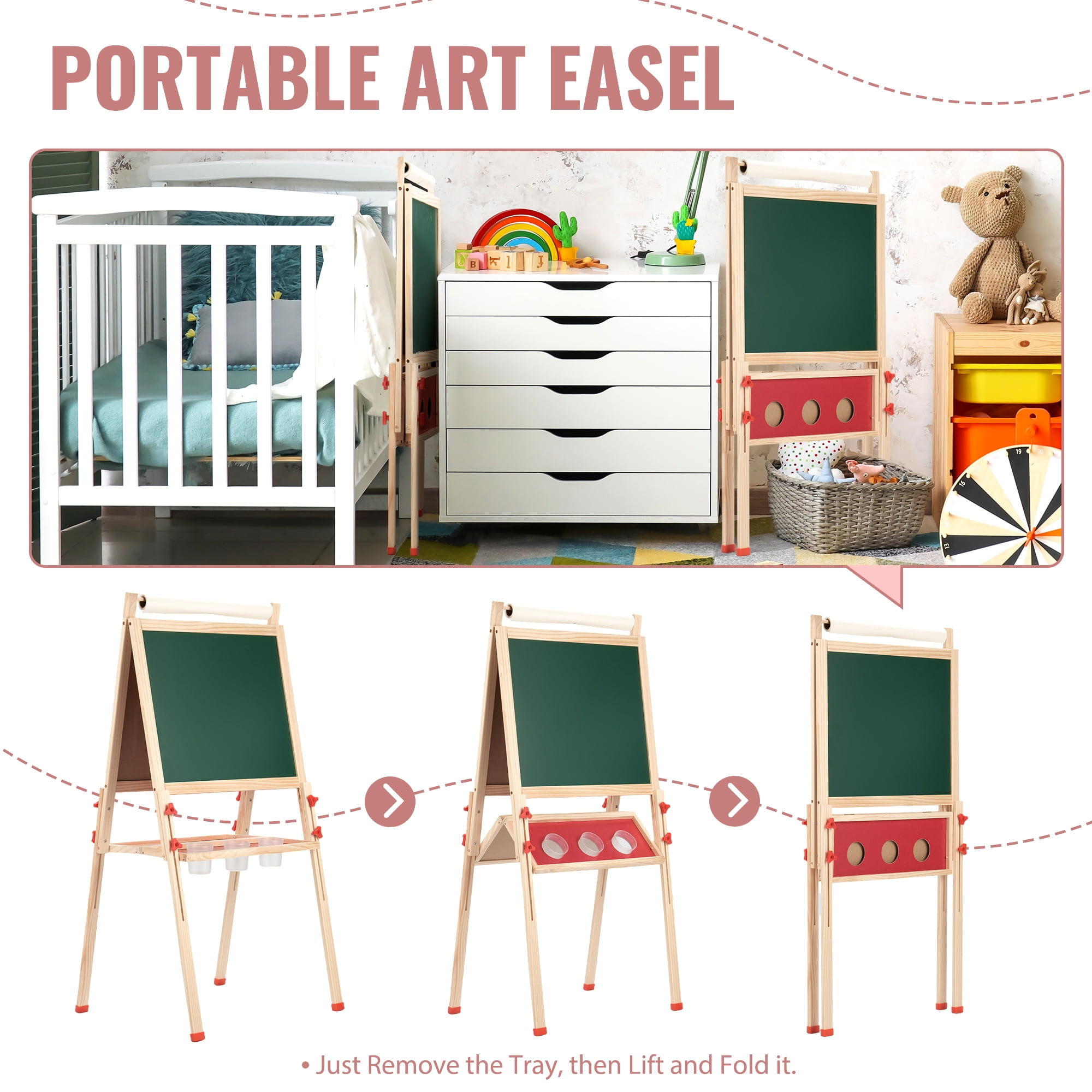 Art Easel for Kids with Paper Roll, Adjustable Double Side Art Drawing Standing Chalkboard for Toddlers 3-12, Boy & Girls Wooden Gift & Art Supplies for Toddler