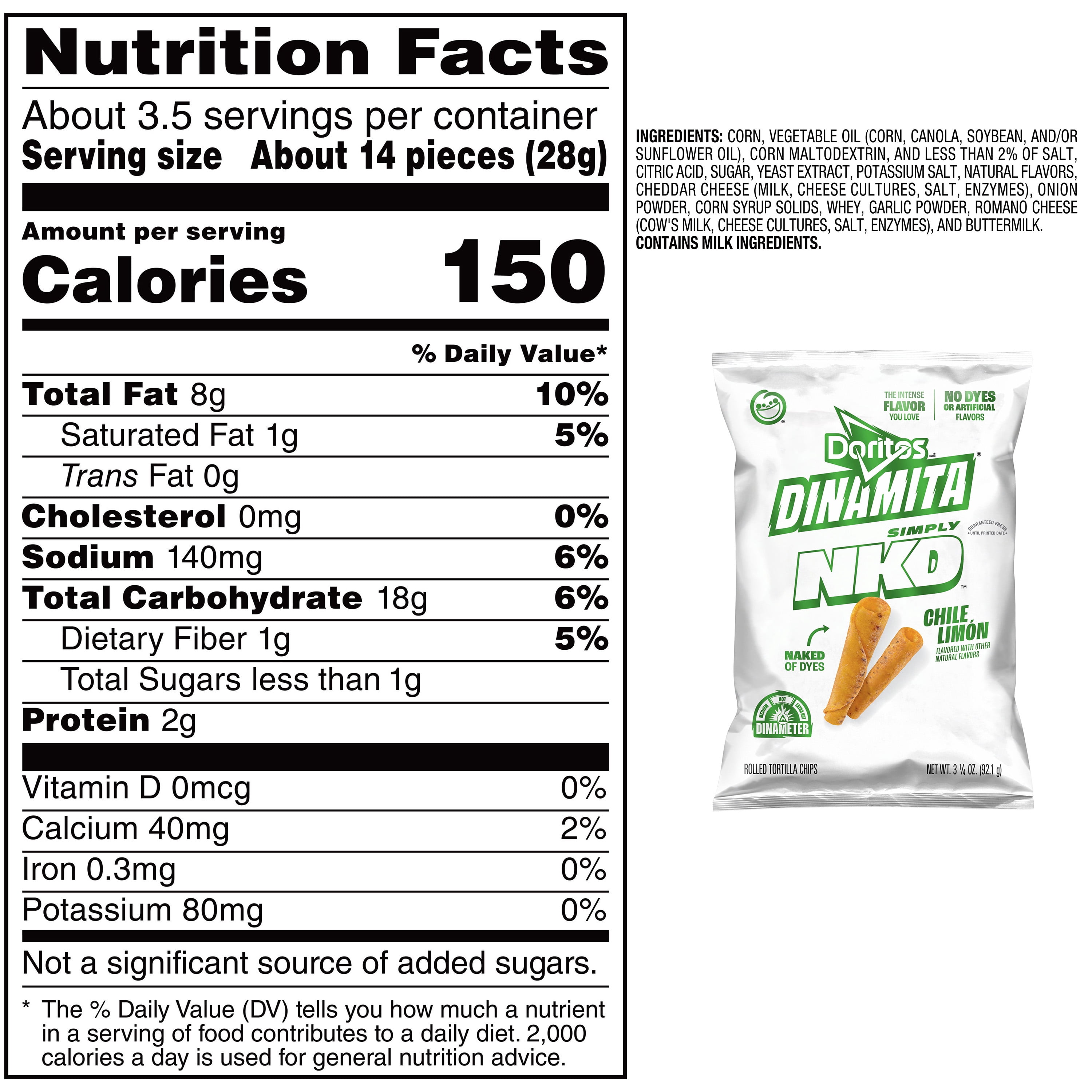 Doritos Dinamita Simply NKD Rolled Chile Limon Tortilla Chips Bag, 3.25 oz​