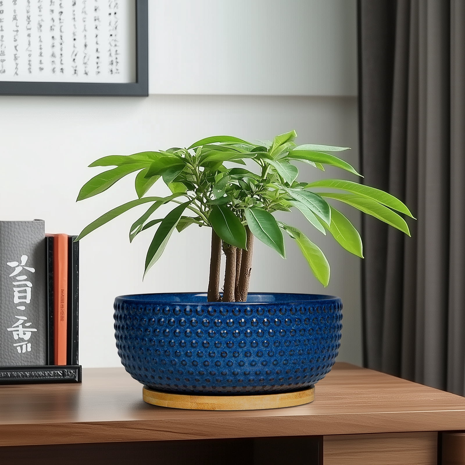 8 inch Succulent Planter Bowl, Round Ceramic Pot with Drainage Hole & Bamboo Tray,Shallow Flower Pots for Indoor Plants Cactus Blue