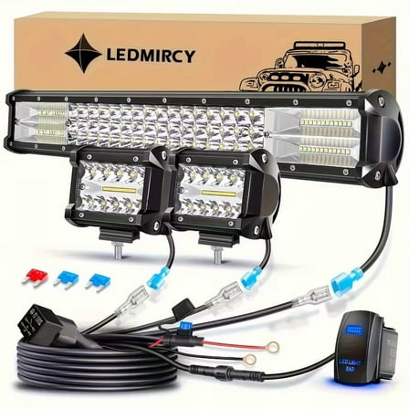 20Inch Led Light Bar Work Driving Lamp 2Pcs 4Inch  Cube LED Pods Lights for Trucks with Off-Road Wiring Harness Kit-3 Leads