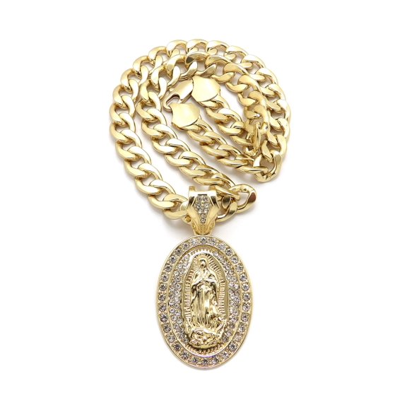 iJewelry2 Gold Tone Virgin Mary Oval Pendant Clear Crystals Encrusted Cuban Chain Necklace 18''