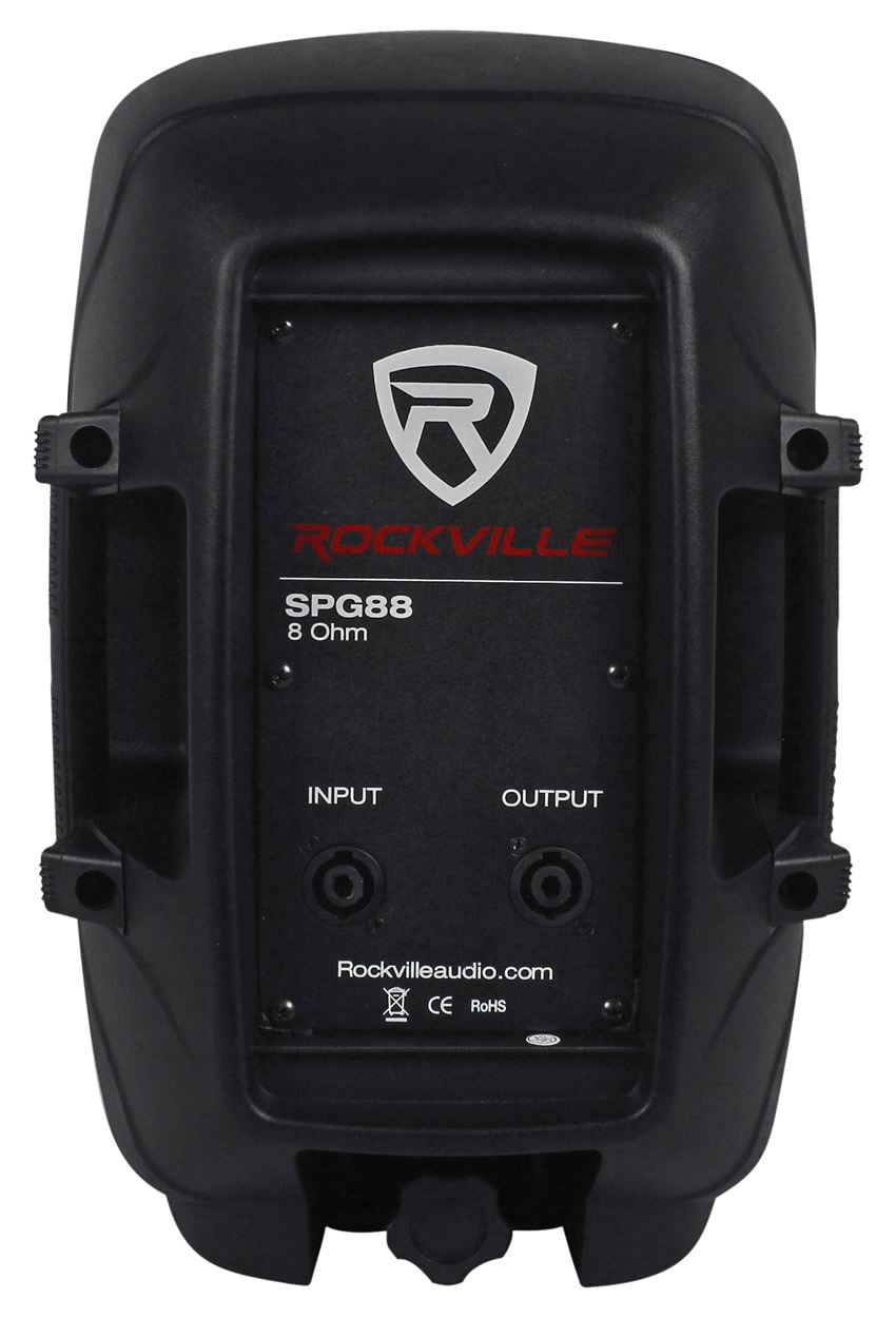2) Rockville SPG88 8" 400w DJ PA Speakers 8-Ohm+Powered 4-Ch Mixer+Stands+Cables