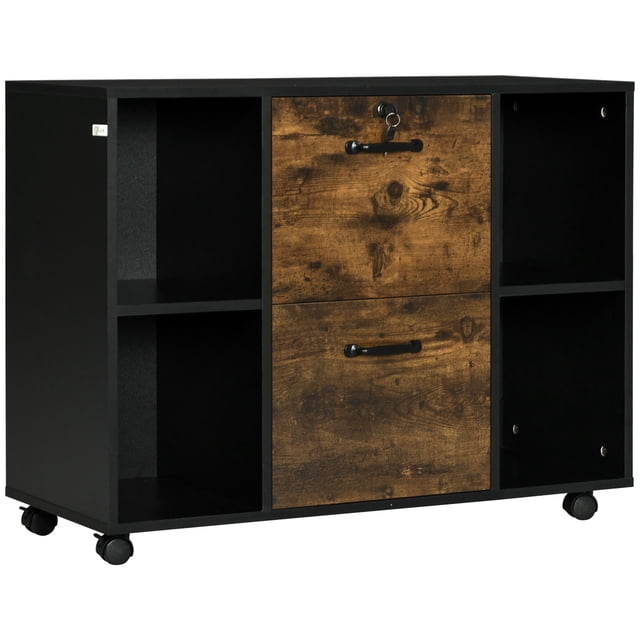 Rustic Brown Mobile File Cabinet with Lockable Drawer & Open Shelves - Printer Stand for Office, Living Room, or Home Workspace - 31.5” W x 24.4” H