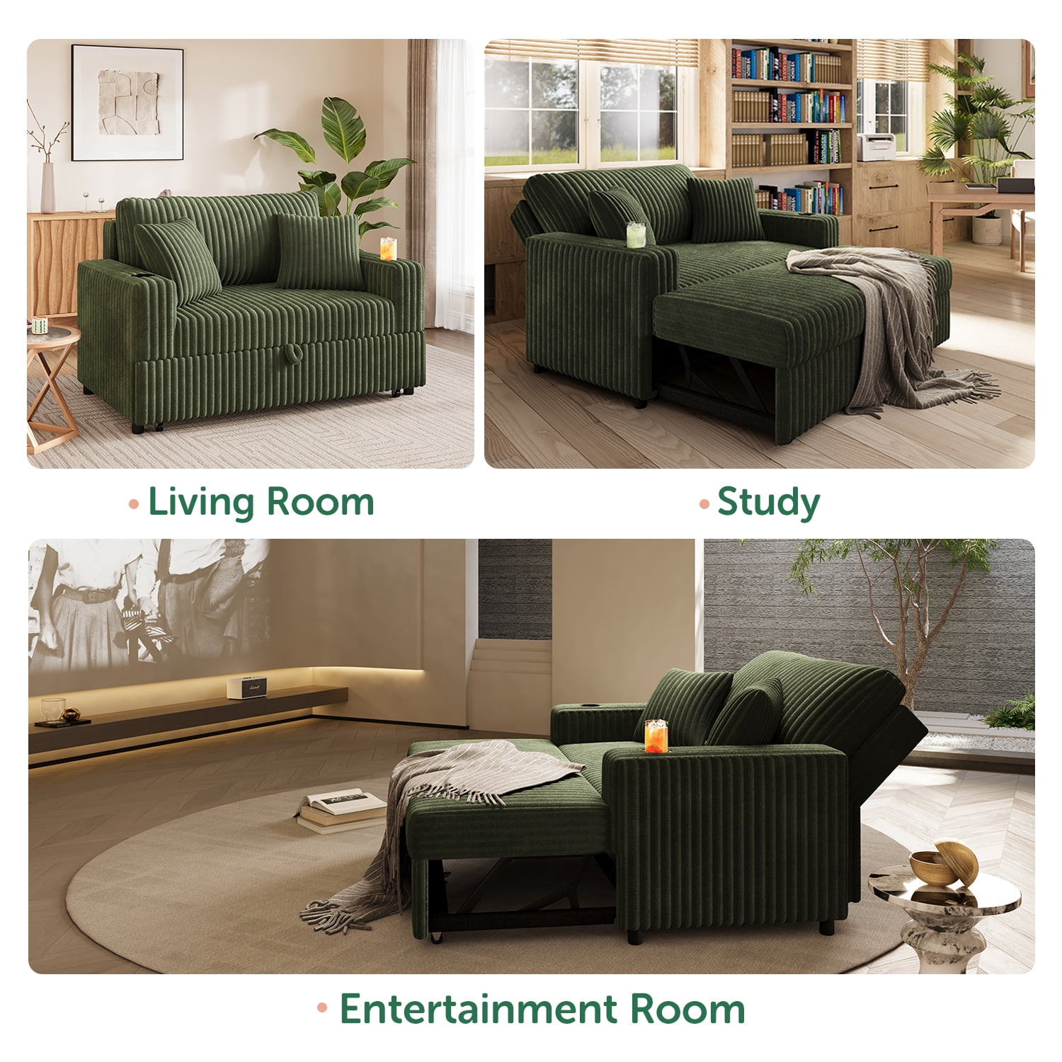 Marrber Green 52” 3-in-1 Convertible Pull-Out Sofa Bed Sleeper Loveseat with Reclining Backrest, Built-in Cup Holders, Pet-Friendly Corduroy Sofa for Small Space