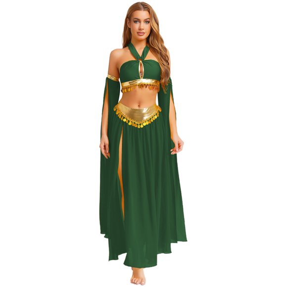 inlzdz Women's Belly Dance Costume Indian Arabic Opera Contemporary Crop Top Long Skirt Dance Dress Up Green L
