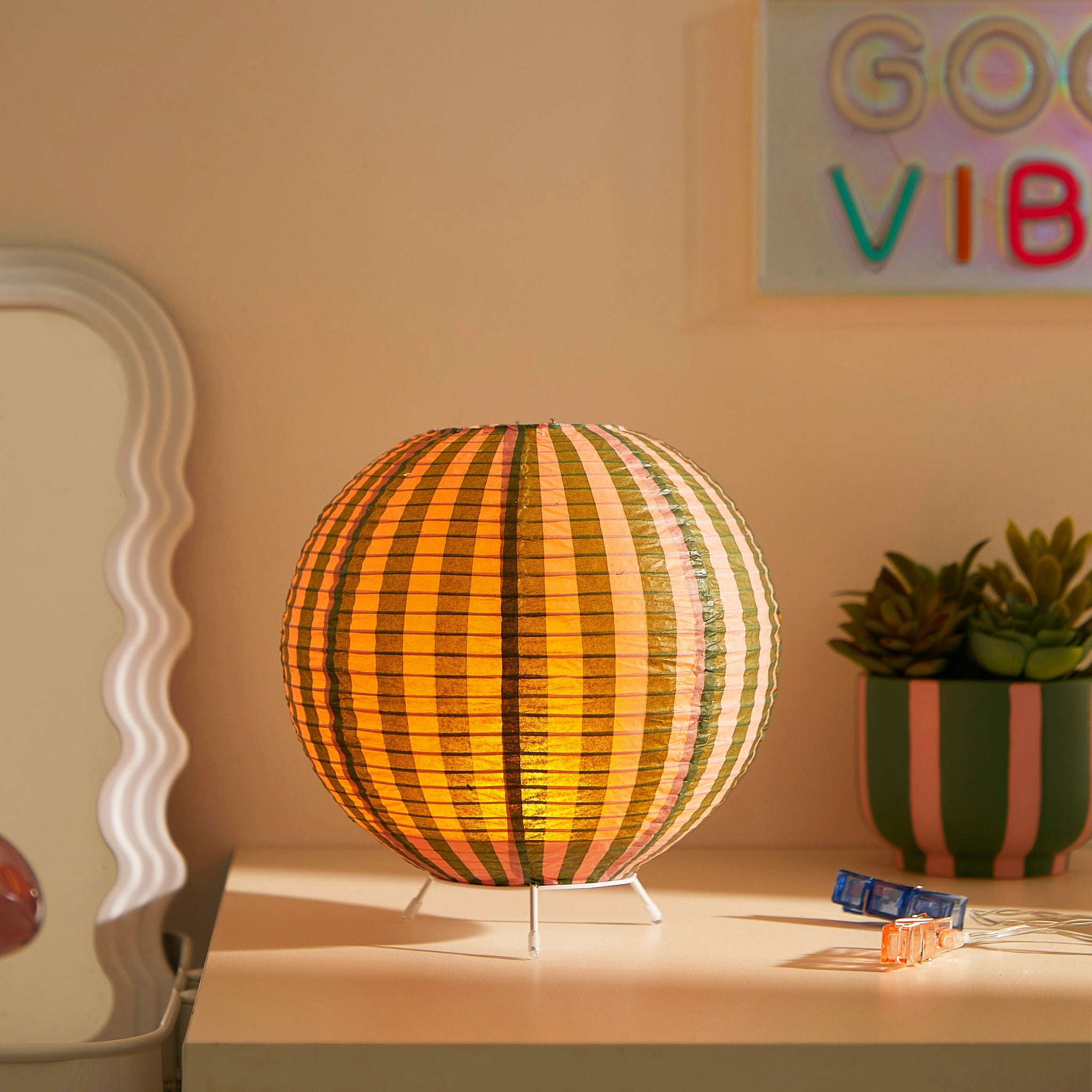Urban Shop 8.2"H x 9" D Paper Lantern Table Lamp, Green and Pink Stripe