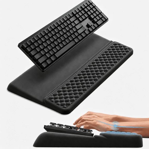 2‑in‑1 Ergonomic Keyboard Stand with Memory Foam Wrist Rest, Anti‑Slip Wrist Cushion for Wrist Pain Relief, Comfort Typing Support Pad for Office, Home & School, Black