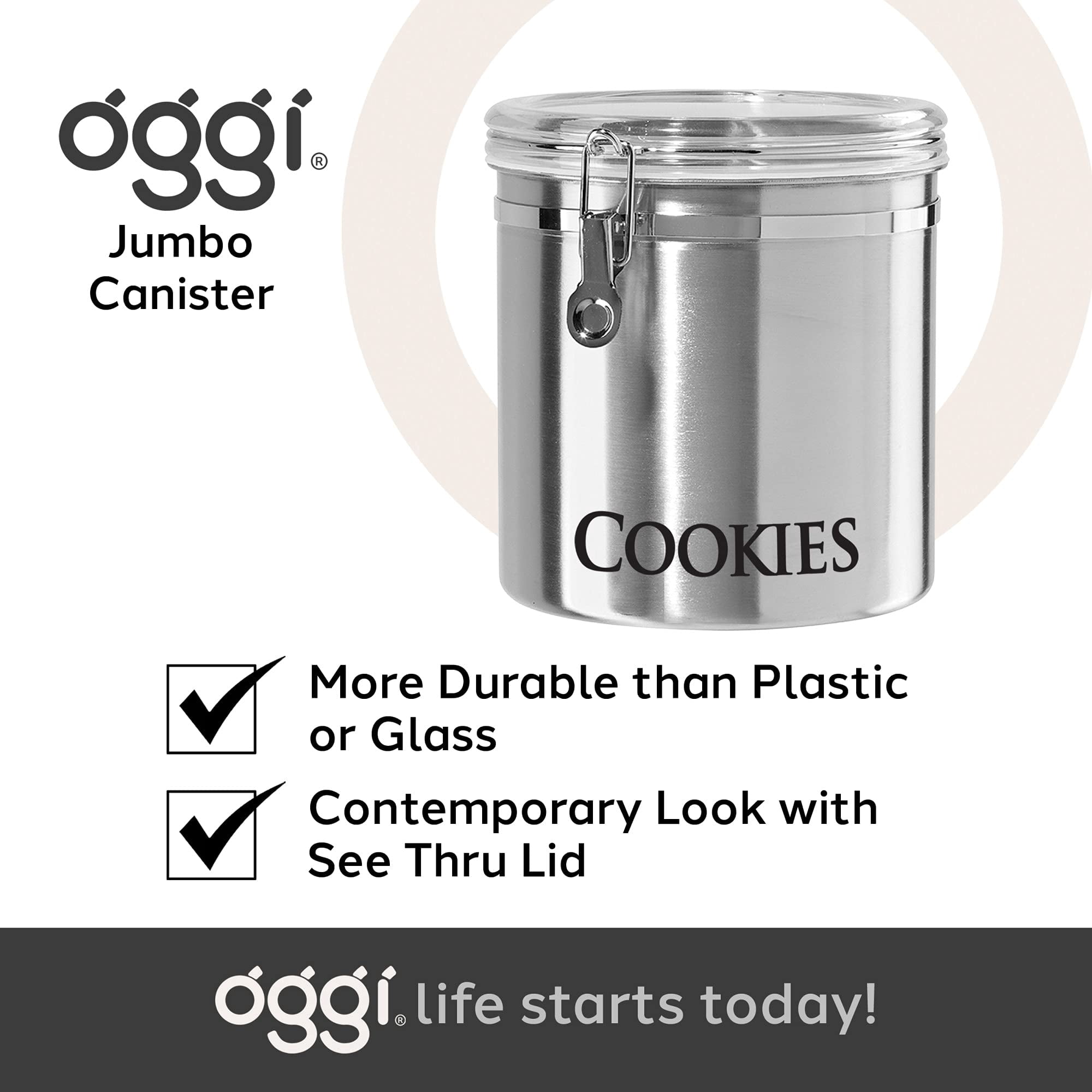 Oggi Airtight Clamp Canister Food Storage Container, 8-Inch-Cookies, Stainless, Clear Lid