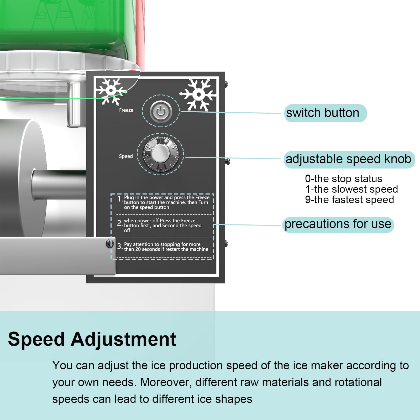 Commercial Snowflake Ice Machine, 750W Speed Adjustable Snow Cone Maker, Shaved Ice Machine with Heat Dissipation Fans, Four 2.5-liter Barrels (265 Lbs / 24Hours)