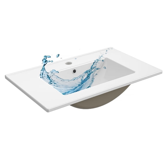 30'' Vanity Sink Top,Bathroom Undermount Ceramic Sink Top W/One Hole, Rectangular Porcelain Sink Basin,Overflow Drain,White
