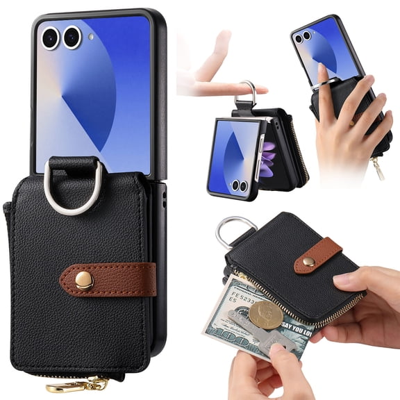 Premium PU Leather Wallet Case for Samsung Galaxy Z Flip7, Zipper Pocket Finger Ring Holder Shockproof Protective Phone Cover, Black