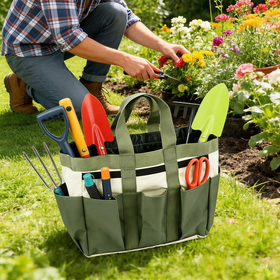 Garden Tool Organizer Bag, Multi-Pocket Gardening Tools Storage Tote, Heavy-Duty Canvas, Durable Outdoor Tool Carrier with Multiple Compartments