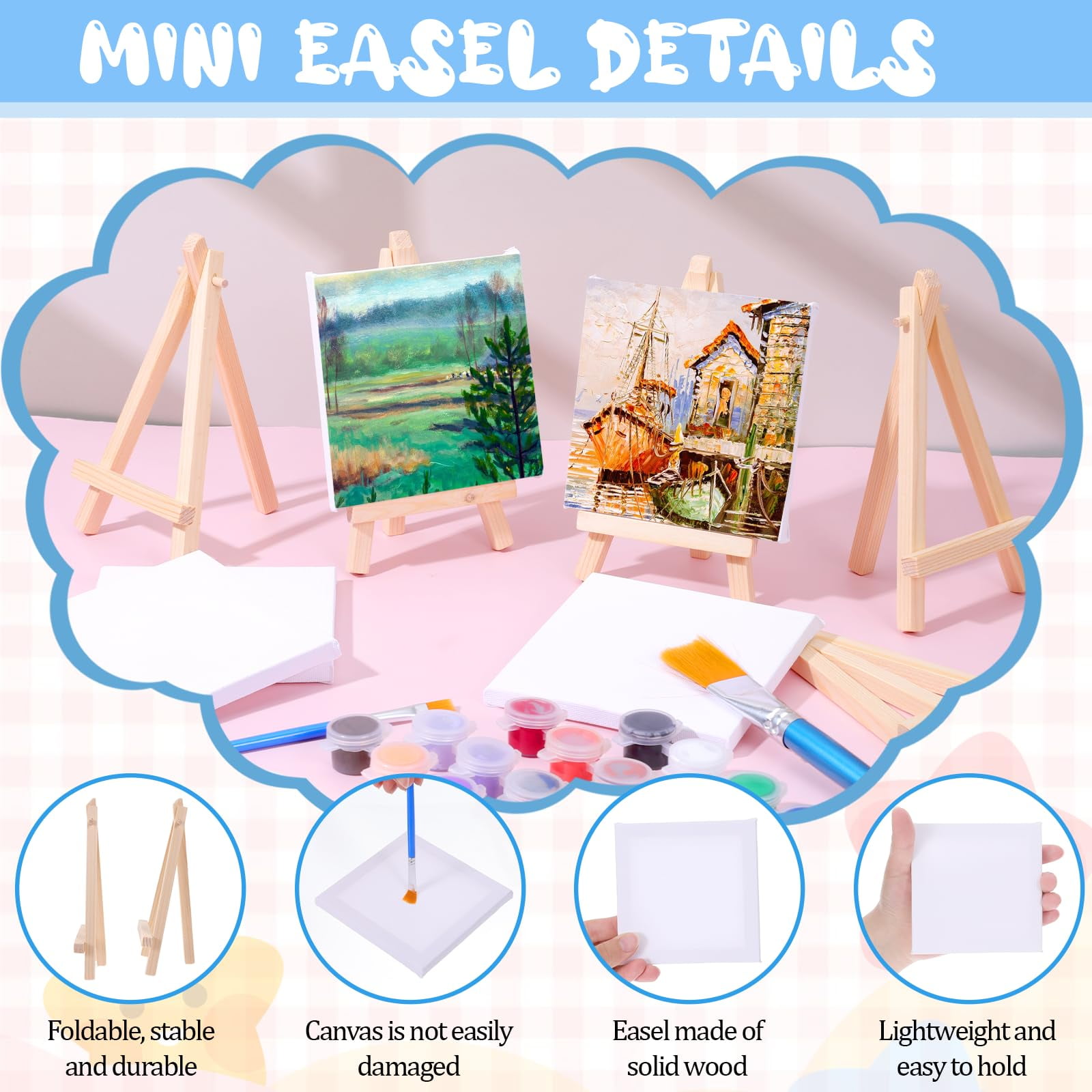 24 Pack Small Painting Canvas with Mini Easel, 4 x 4 Inch Mini Canvases with Easel Sets Art Canvases Painting Kit with Wood Display Easels for Adults & Kids Party Classroom Crafts