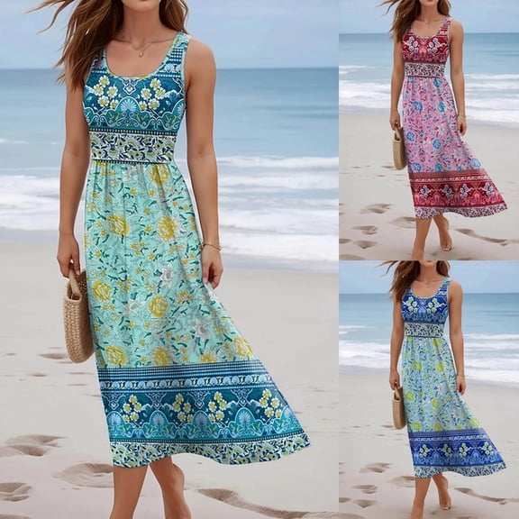 BRGZLK Sleeveless Dress For Women Square Neck 2026 Summer Boho Floral Maxi Dress Casual Flowy Beach Vacation Tank Long Sundresses