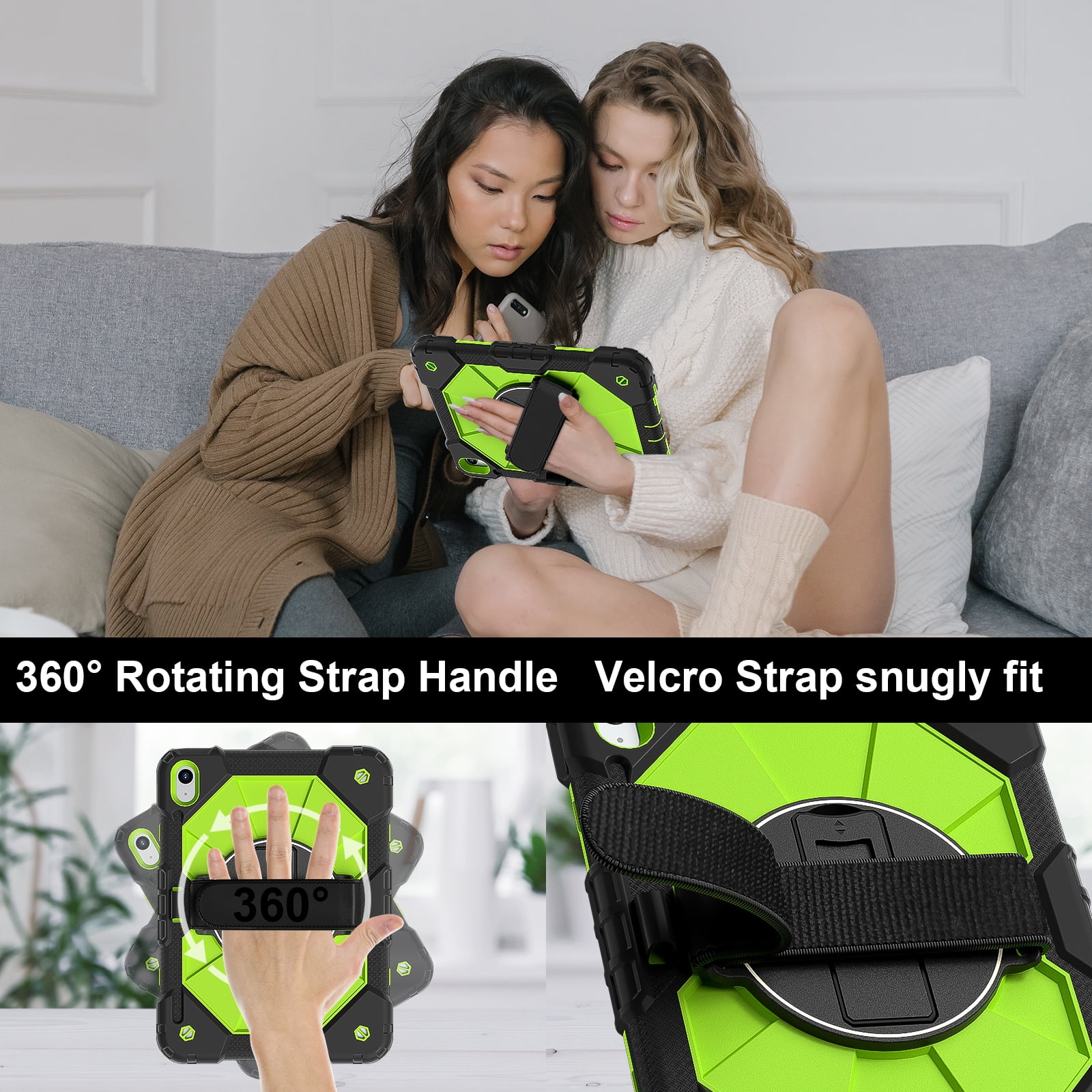 ELEHOLD Rugged Hybrid Case for iPad 11th Gen (A16) 2025 11-inch,with Built-in Kickstand 360° Rotating Handstrap Pencil Holder Crossbody Shoulder Strap Shockproof Heavy Duty Case,Black/Green
