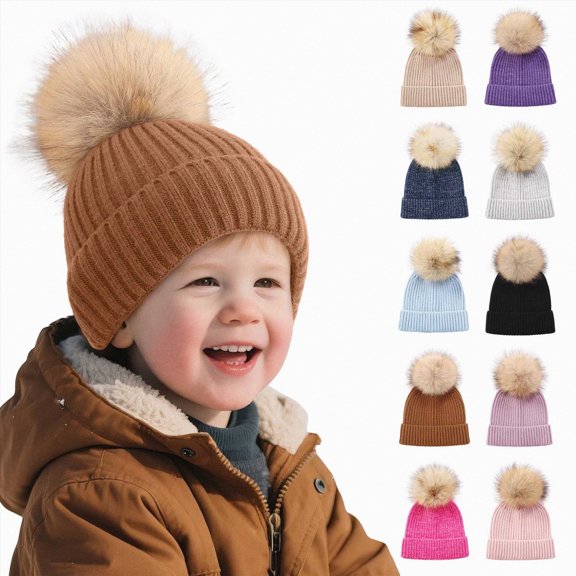 Toddler Kids Beanie Solid Color Cute Knitting Hat with Pom-Pom for 3-8 Years Little Kids Winter Beanie Hat