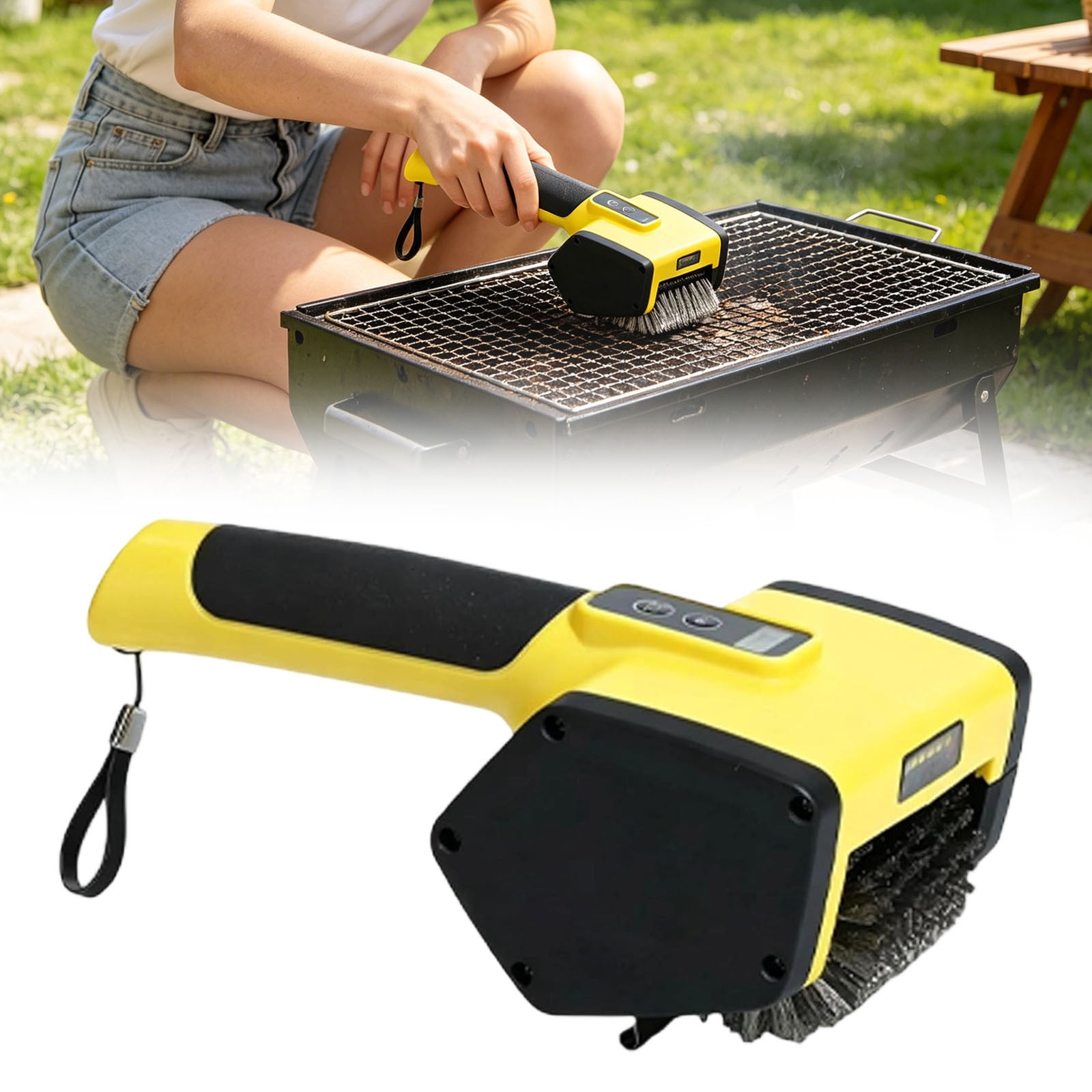 Cordless Rechargeable Grill Brush with Stainless Steel Brush Head and LED Display, BBQ Grill Cleaner for Camping Patio and Barbecue - Automatic Cleaning Tool (A)
