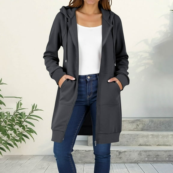 SEAOPEN Women Sweatshirts Casual Long Sleeve Fall Hoodie Jacket Coat Zip Up Hoodies Oversized Fleece Long Tunic Dark Gray M