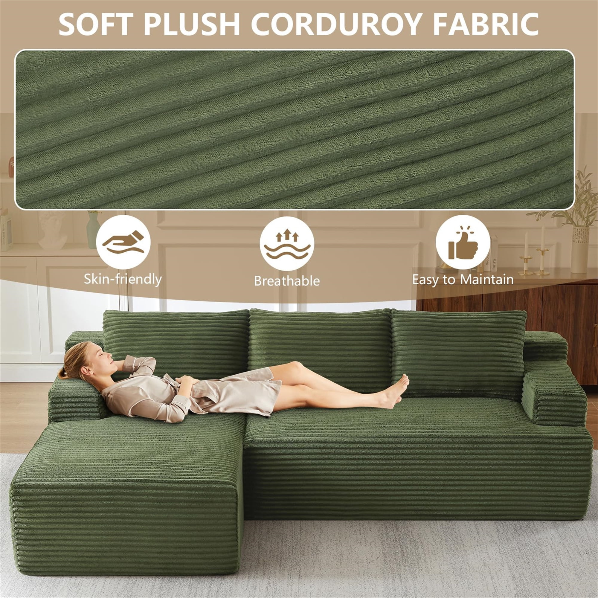 Aukfa 105" Cloud Sectional Sofa Boneless Couch Modular Sofa Bed for Living Room, 2Pillows, Left Chiase, Corduroy, Green