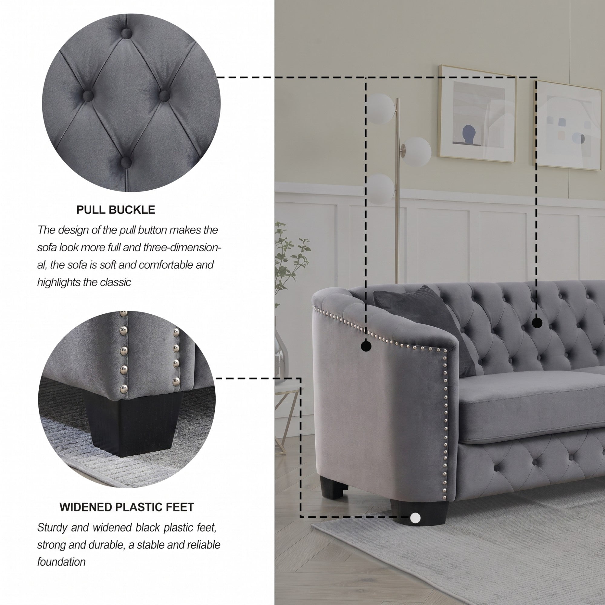 Sailvan 77" Modern Chesterfield Velvet Sofa, 3-Seater Tufted Upholstered Couch with Nailhead Trim & 2 Pillows for Living Room, Office Grey