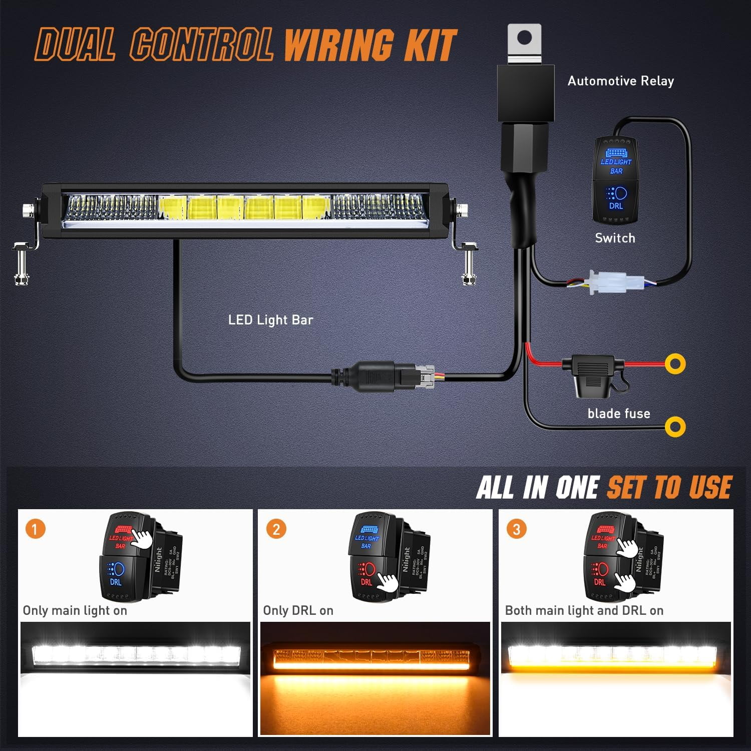 Nilight 15.5" LED Light Bar with Amber DRL, 60W Single Row Anti-Glare Spot Flood Combo Offroad Driving Light, IP68 with 16AWG DT Wiring Kit for Truck SUV ATV UTV Boat 4x4 Jeep