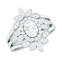 Rosec Jewels Certified Moissanite Wedding Ring Set of 3 - Vintage Style Oval Engagement Ring with Enhancer - D-VS1 Grade, 925 Sterling Silver, US 4.00