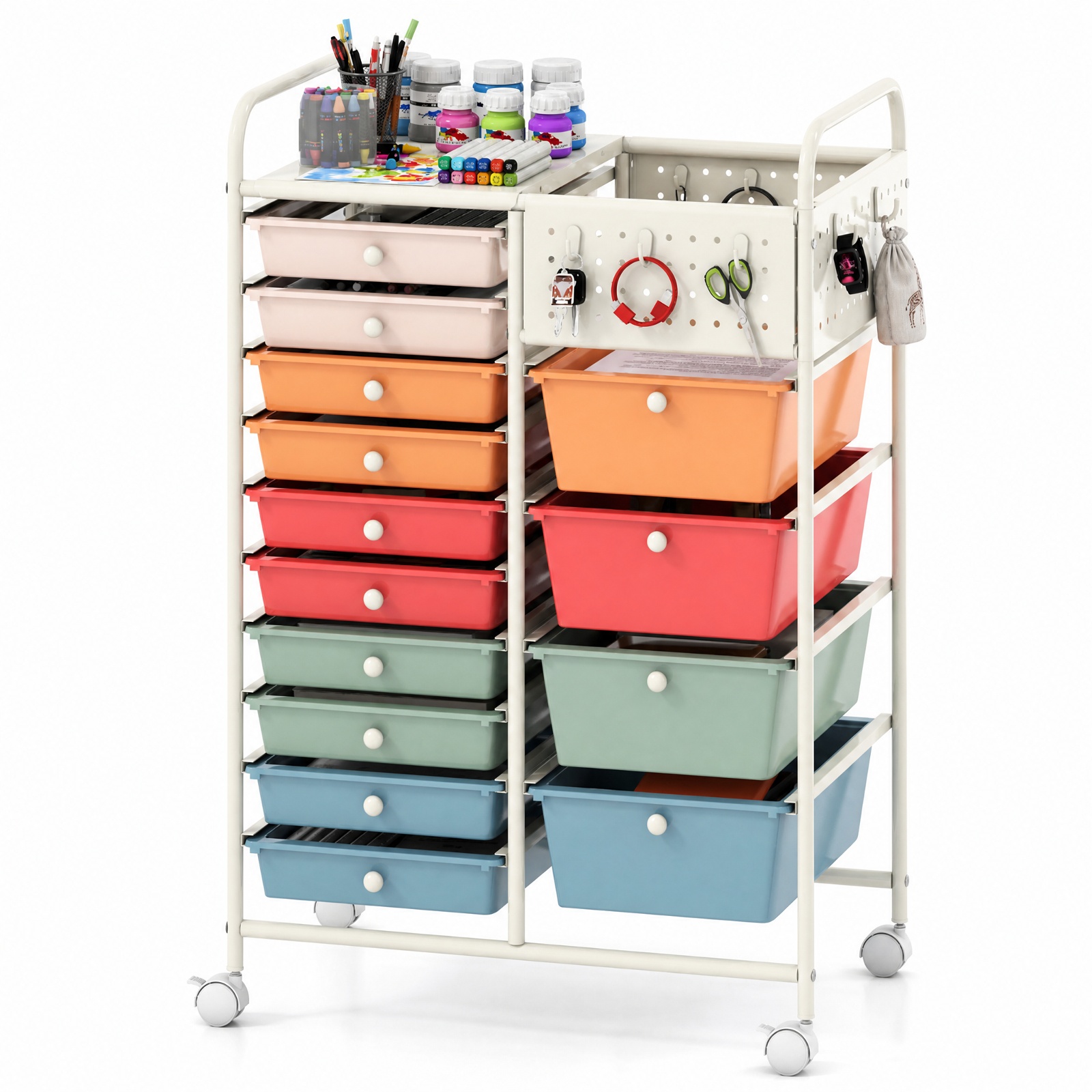 Furnibear 14 Drawer Rolling Storage Cart with Metal Tabletop Pegboard and Locking Wheels for Kitchen Office and Classroom Organizing, Macaron