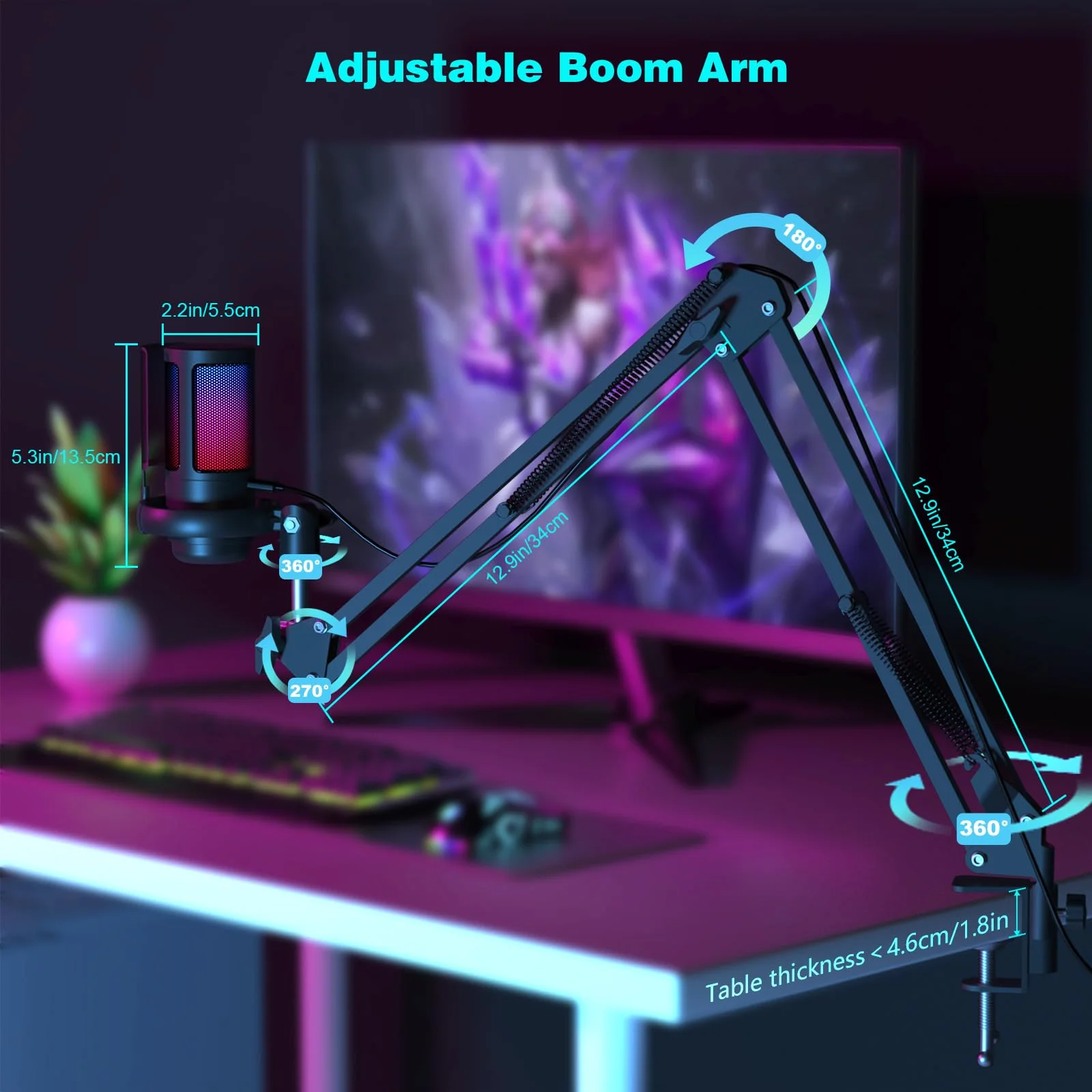 Gaming USB Microphone,Noise Cancellation Condenser mic with Touch Mute,Gain,Monitoring,Boom Arm for Streaming,Podcast,Twitch,YouTube,Discord,iPhone,iPad,PC,Computer,PS4,PS5,Mac,GamerWave