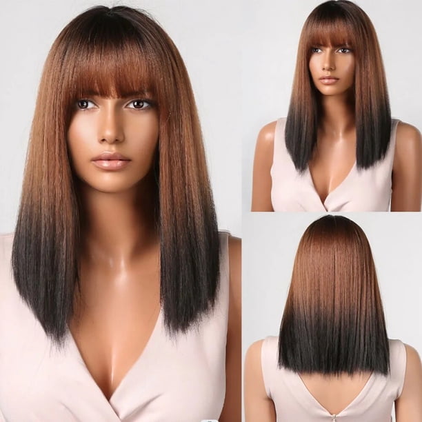 Peluca de cabello Natural con flequillo para mujer, medio y largo pelo sintético, liso, marrón y negro, resistente al calor, ideal para fiesta y Cosplay