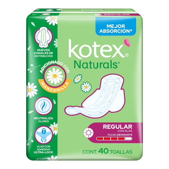 Toallas femeninas Kotex Naturals anatómica flujo abundante con alas 40 pzas