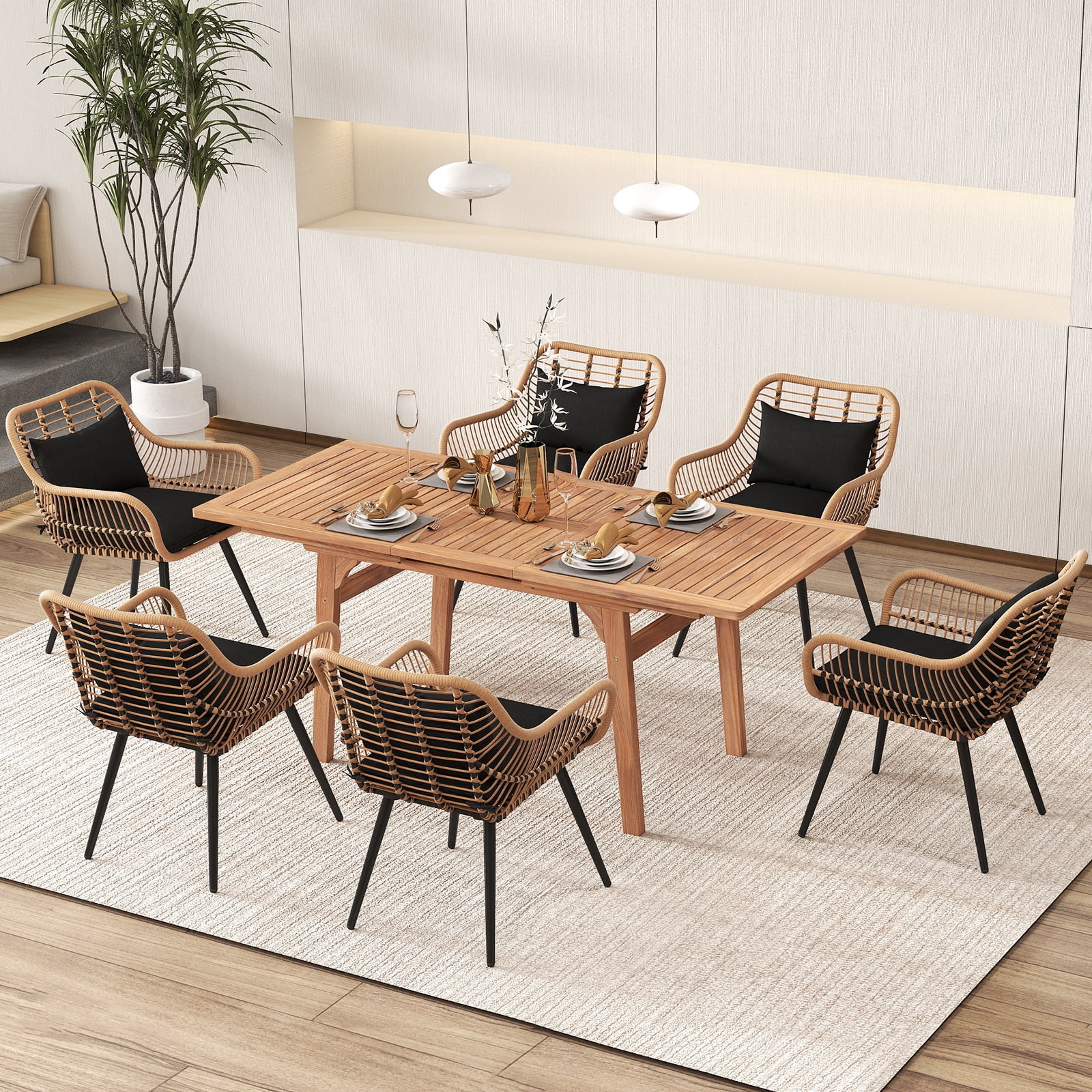 Outdoor Dining Set for 6, Extendable Wooden Table with Wicker Patio Chairs, 7-Piece Patio Outdoor Furniture Set for Deck, Garden, Backyard, Black