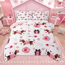 Homewish Pet Dogs Lover Queen Comforter Set,Cute Cartoon Dachshund Bedding Sets,Pink Paws Loves Bedding Comforter Set For Girls Boys,Breathable Bedroom Decor Reversible,3-Piece