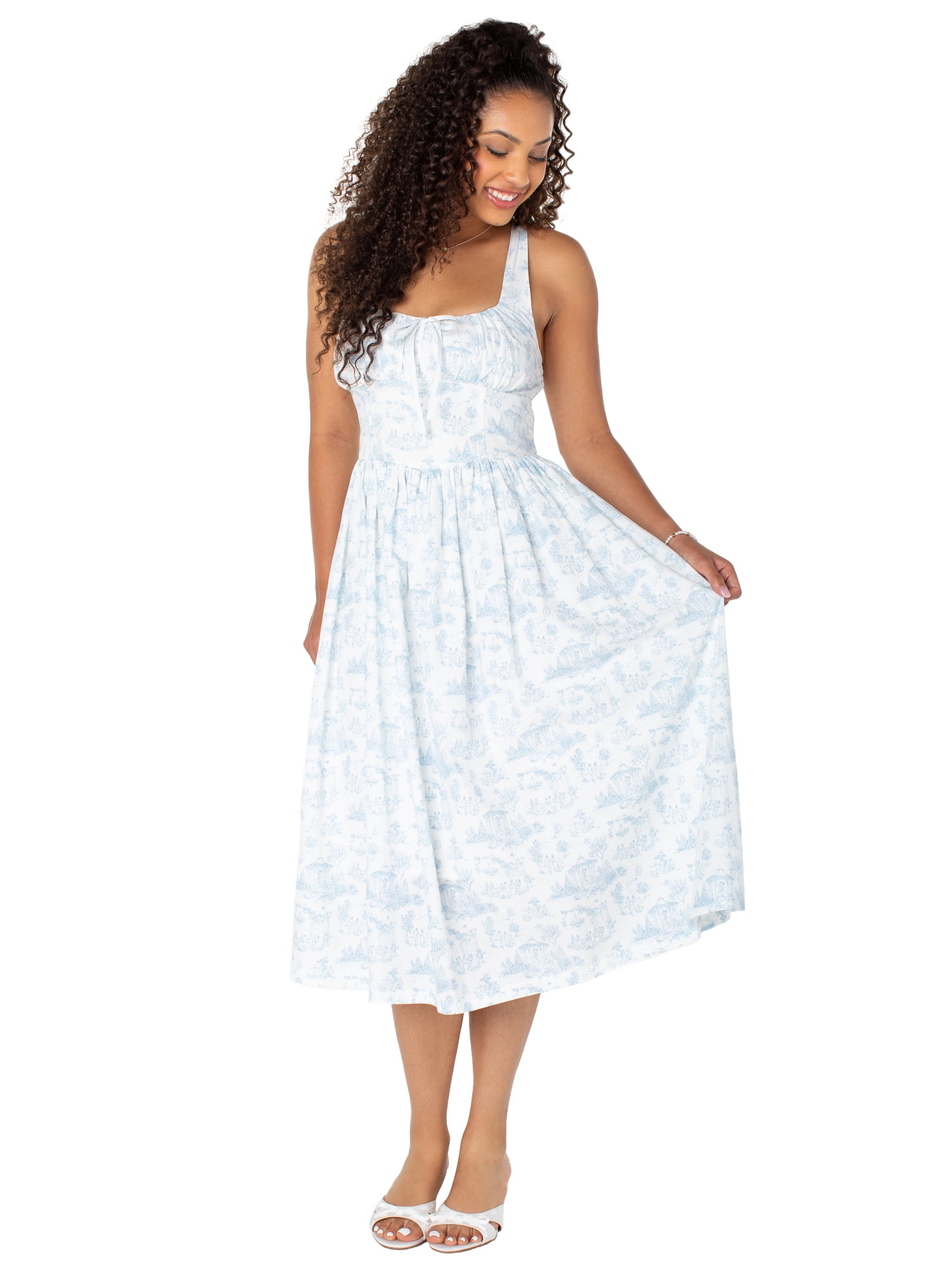 Bridgerton Celebrity Pink Women's and Women's Plus Basque Waist Midi Toile Dress, Sizes XS-4X