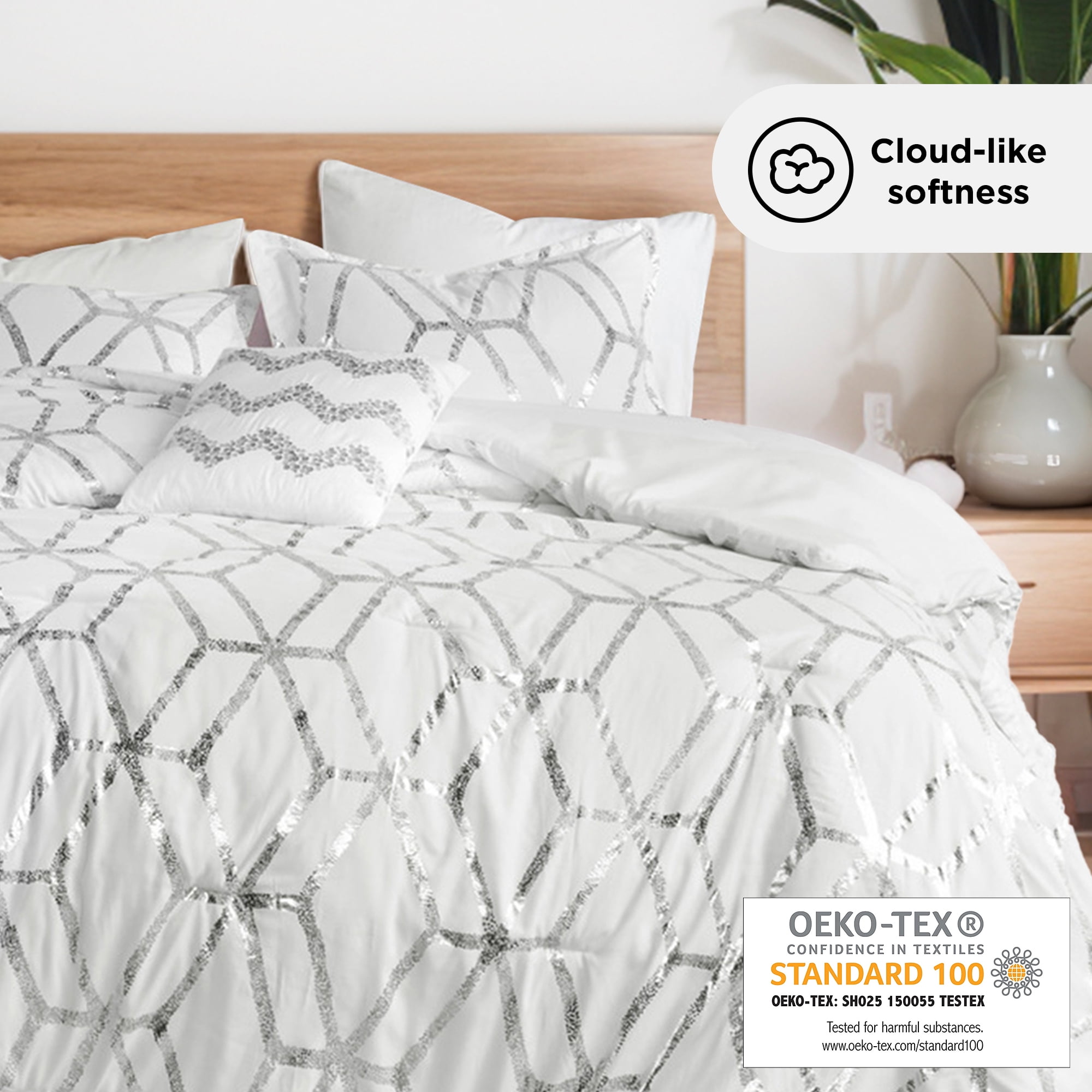 Comfort Spaces Full/Queen Size Comforter Sets, 4-Piece Bedding Set for All Season, White and Silver Comforter Bed Set, Geometric Metallic