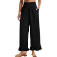 thumbnail image 2 of Ruffled Pants for Woman Fashion Ruffle Hem Pant Smocked Elastic High Waist Long Pants for Women Linen Spring Fall Trousers, Black, Large, 2 of 7