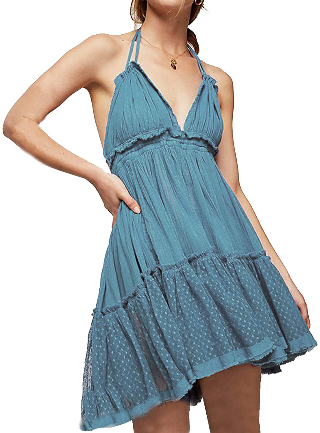 R.Vivimos Womens Summer Halter Deep V Neck Sexy Patchwork Mini Short Dresses  - Walmart.com