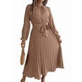 thumbnail image 2 of Women'S Long Sleeve Pleated Dress Casual Semi Formal Church Dress Mock Neck A Line Flowy Midi Dresses with Belt Khaki L, 2 of 9