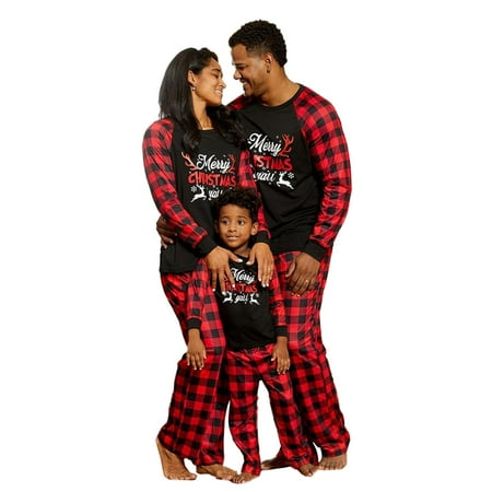 

wsevypo Family Matching Christmas Pajamas Cotton Letter Printed Long Sleeve Tops Plaid Pajamas Pant Set for Adult kids Baby