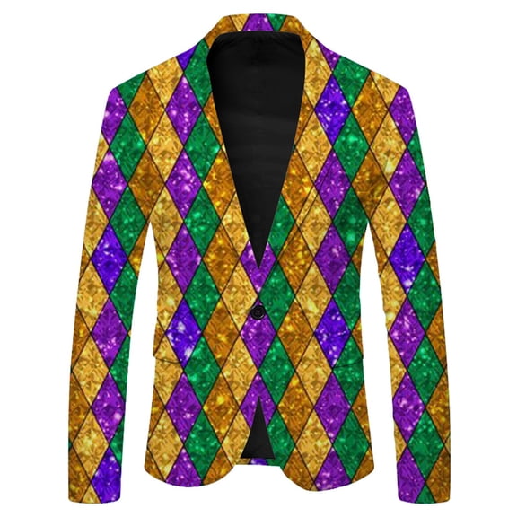 CONZONE Mardi Gras Men's Blazer Casual Suit Jacket for Men Fashion Graphic One Button Elegant Slim Fit Dress Jacket for Performance,Prom,Wedding