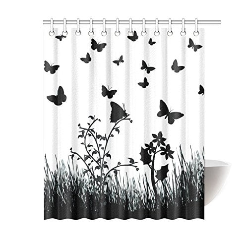 ARTJIA Black and White Shower Curtain, butterflies and flowers
